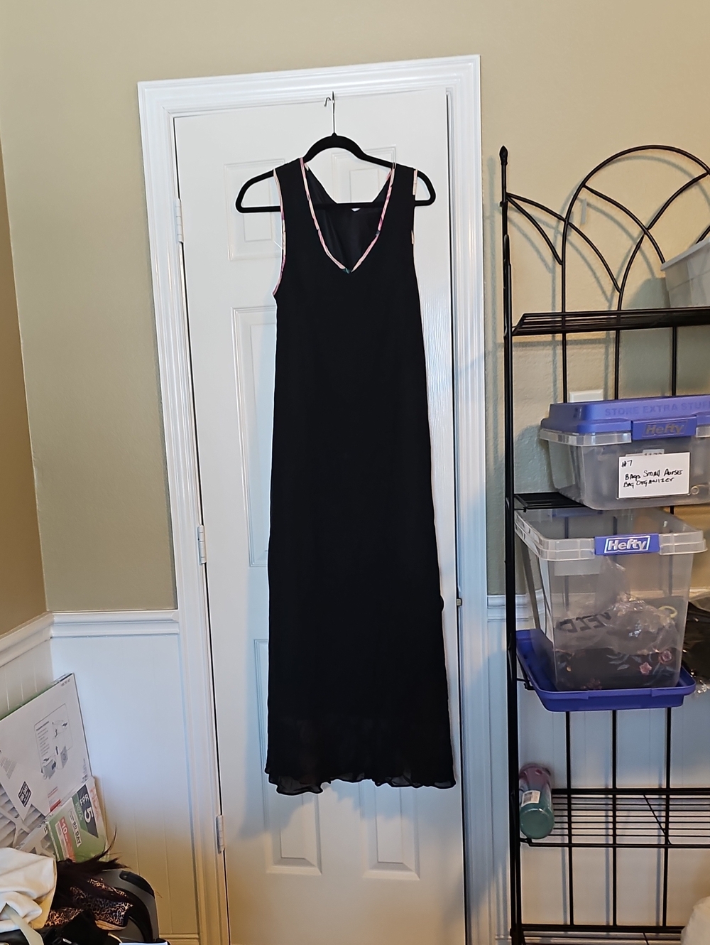 Classic Black V-Neck Maxi Dress with Subtle Pink Trim On Top and Bottom 12-14